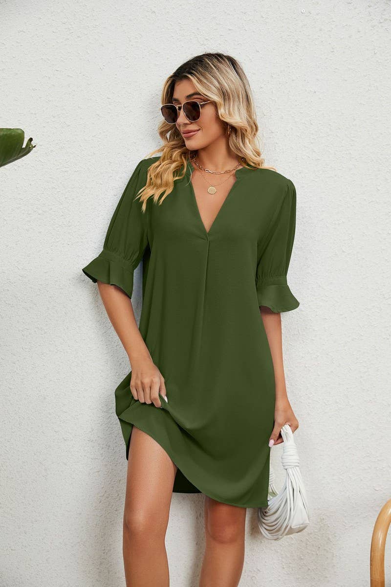 CWDSD3115_SOLID COLOR V-NECK LOOSE QUARTER-SLEEVE MINI DRESS