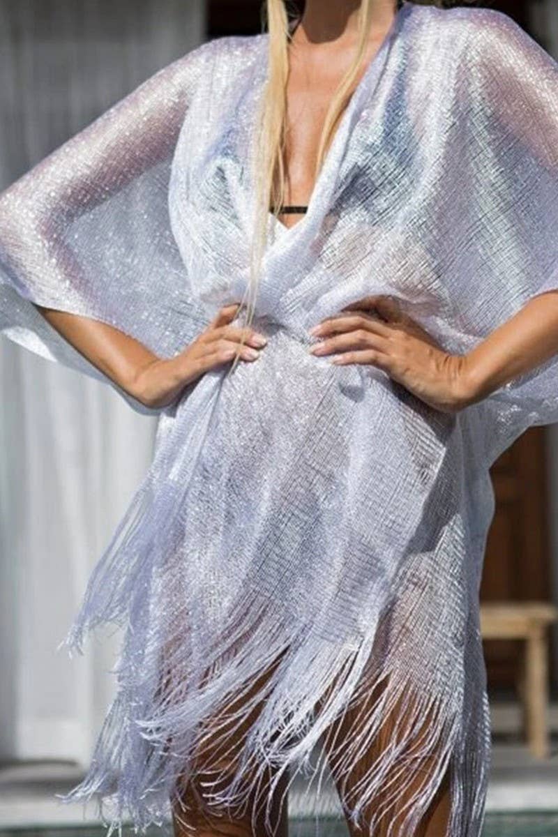CWTBLL3669_SILVER RIBBON SLEEVES SLIT SHAWL BEACH COVER-UP