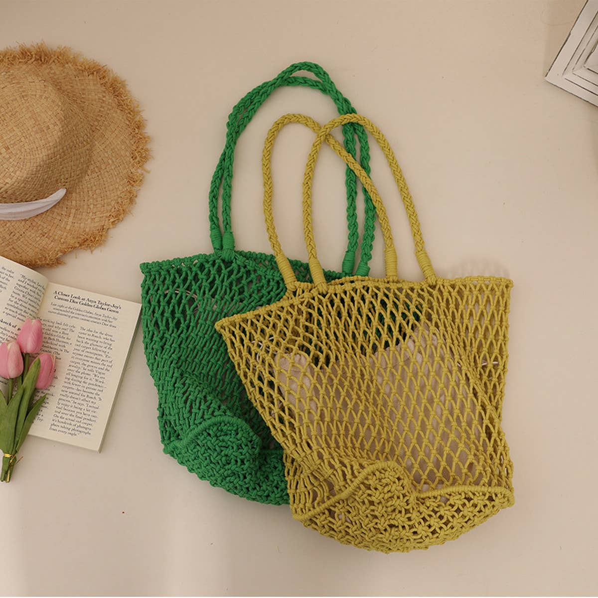 SIMPLE MESH ONE-SHOULDER BEACH STRAW BAG_CWAB1884