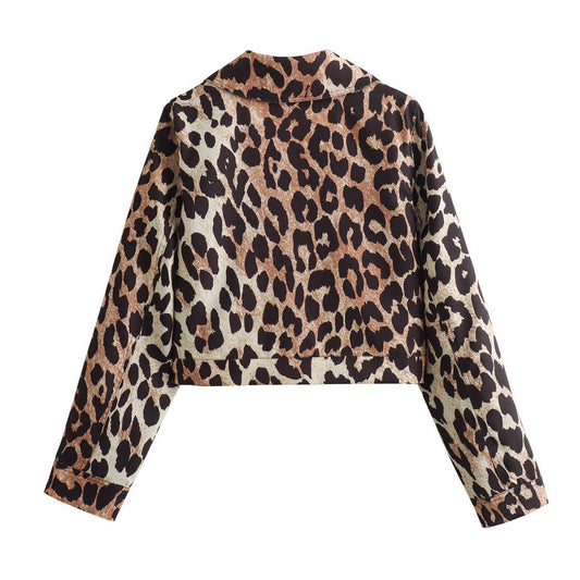 LEOPARD PRINT LAPEL LONG SLEEVE SHORT JACKET