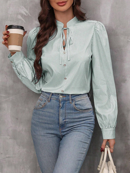 V-NECK BUTTON-UP STRIPED LONG-SLEEVED SHIRT