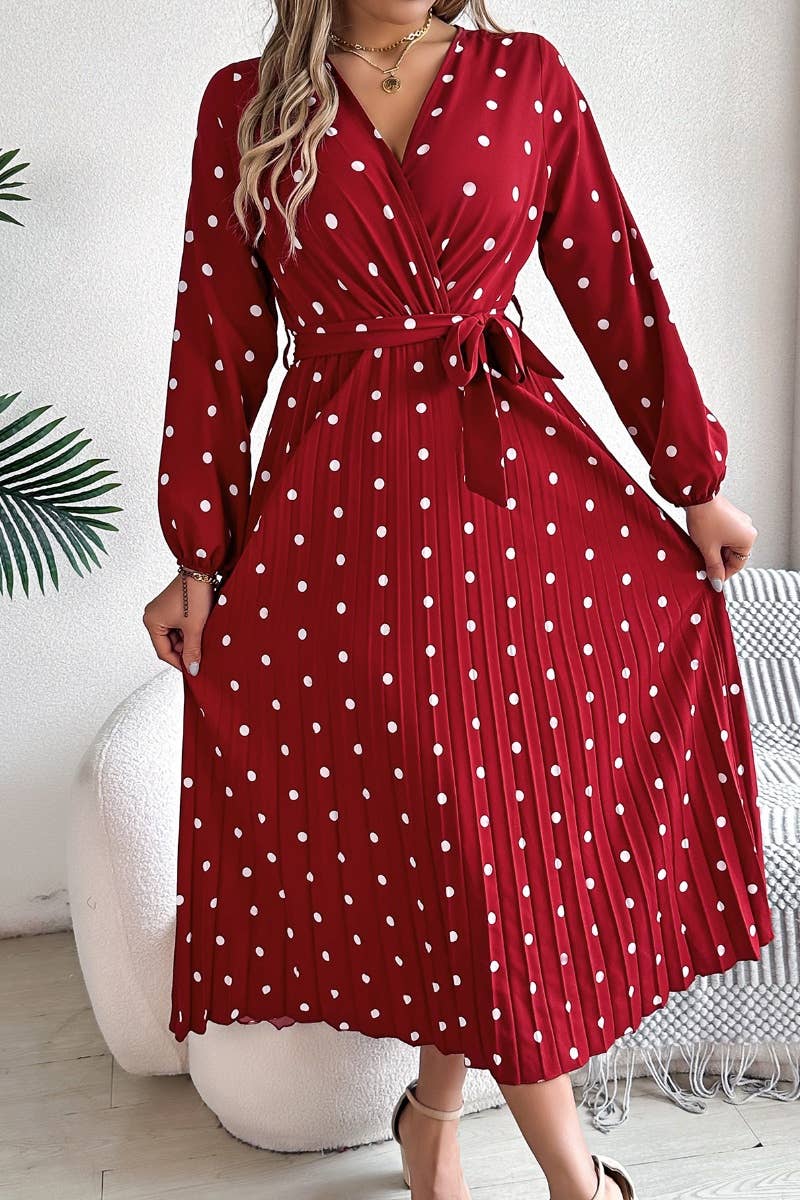 CWDMD3946_FALL V-NECK POLKA-DOT PLEATED LACE-UP DRESS