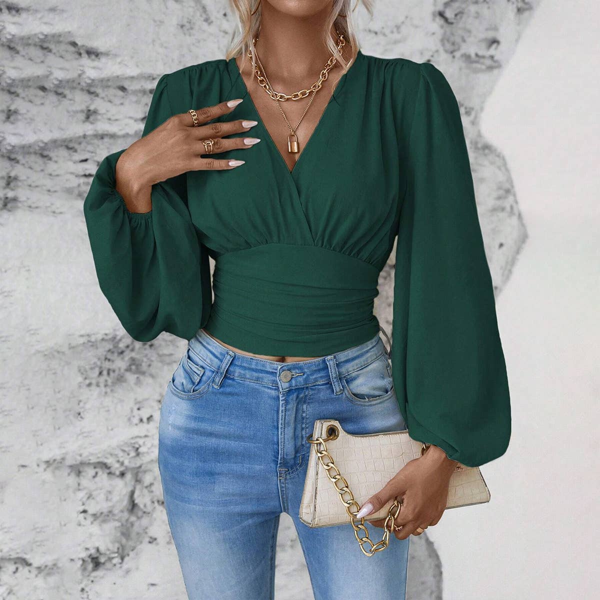 WAISTBAND V-NECK SLEEVED RUFFLED LONG-SLEEVED TOP
