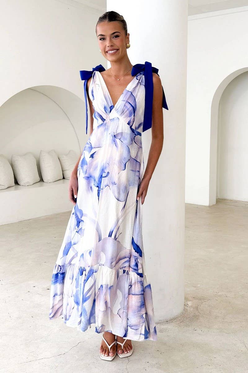 CWDMD5219_TIE-BACK V-NECK SLEEVELESS FLORAL MAXI DRESS