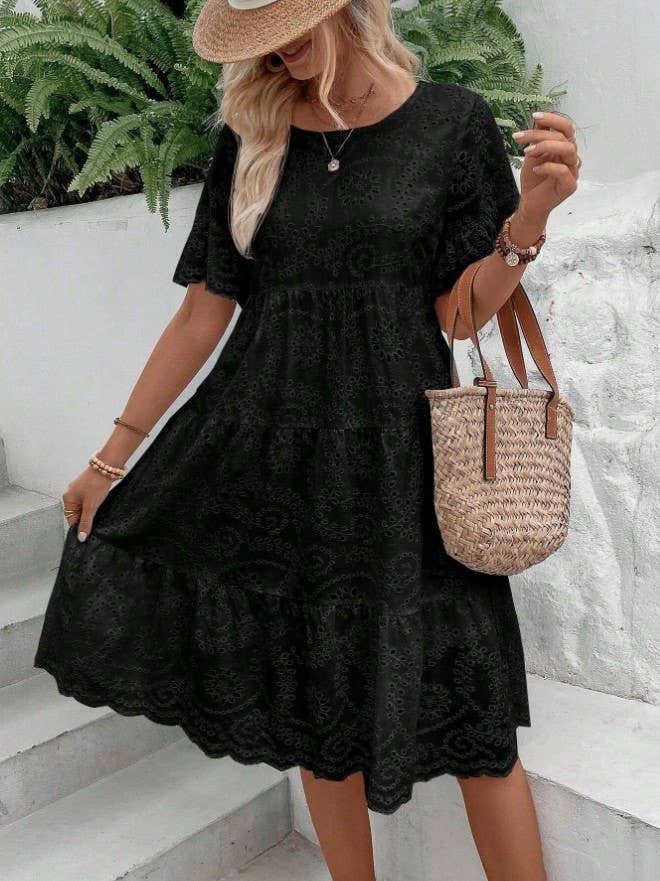 SOLID-COLOR COTTON EMBROIDERED LACE CUTOUT DRESS_CWDSD10724