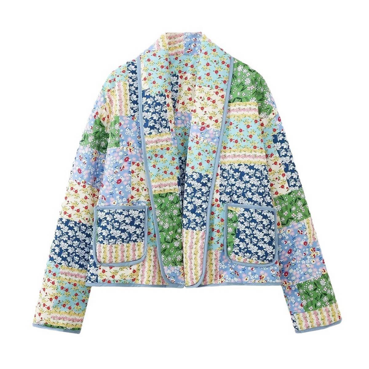 COLORBLOCK PRINT LAPEL QUILTED JACKET