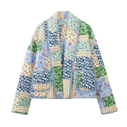 COLORBLOCK PRINT LAPEL QUILTED JACKET