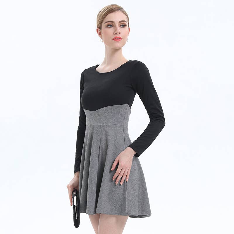 ROUND NECK TEMPERAMENT CONTRAST COLOR SLIM DRESS