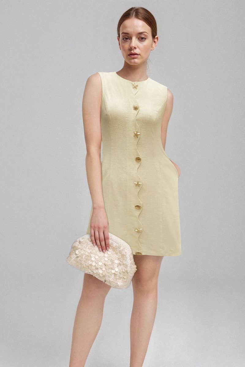 CWDSD8911_ELEGANT SLEEVELESS BUTTON MINI DRESS