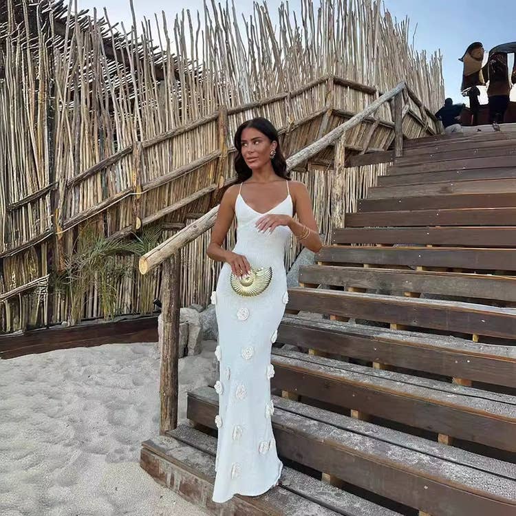 Hand-Hooked Embroidered Vintage Knit Halter Dress