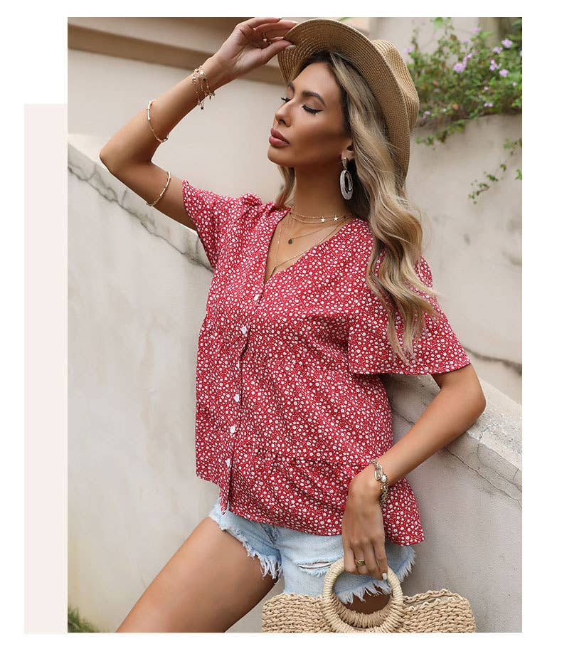 Short sleeve ruffled floral shirt