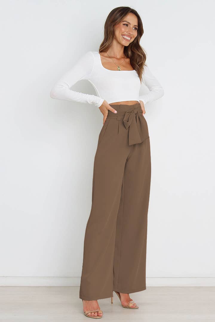 WOMEN TIED WAIST WIDE LEG OFFICE WORK PANTS