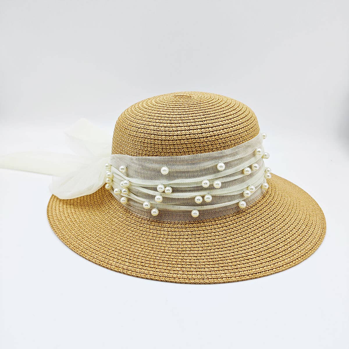 ELEGANT PEARL BOW TIE DECORATED STRAW HAT_CWAH1163
