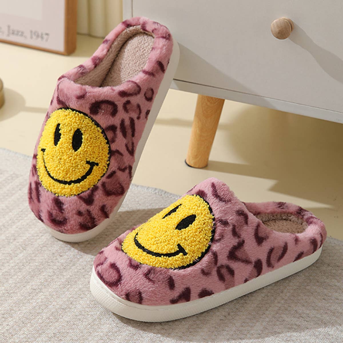 LEOPARD SMILING COTTON FUZZY SLIPPERS WOMEN
