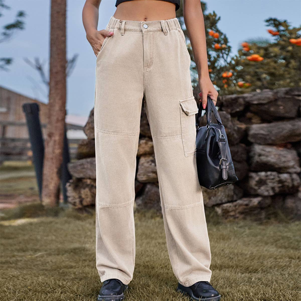 ELASTIC-WAISTED DENIM CARGO CASUAL PANTS