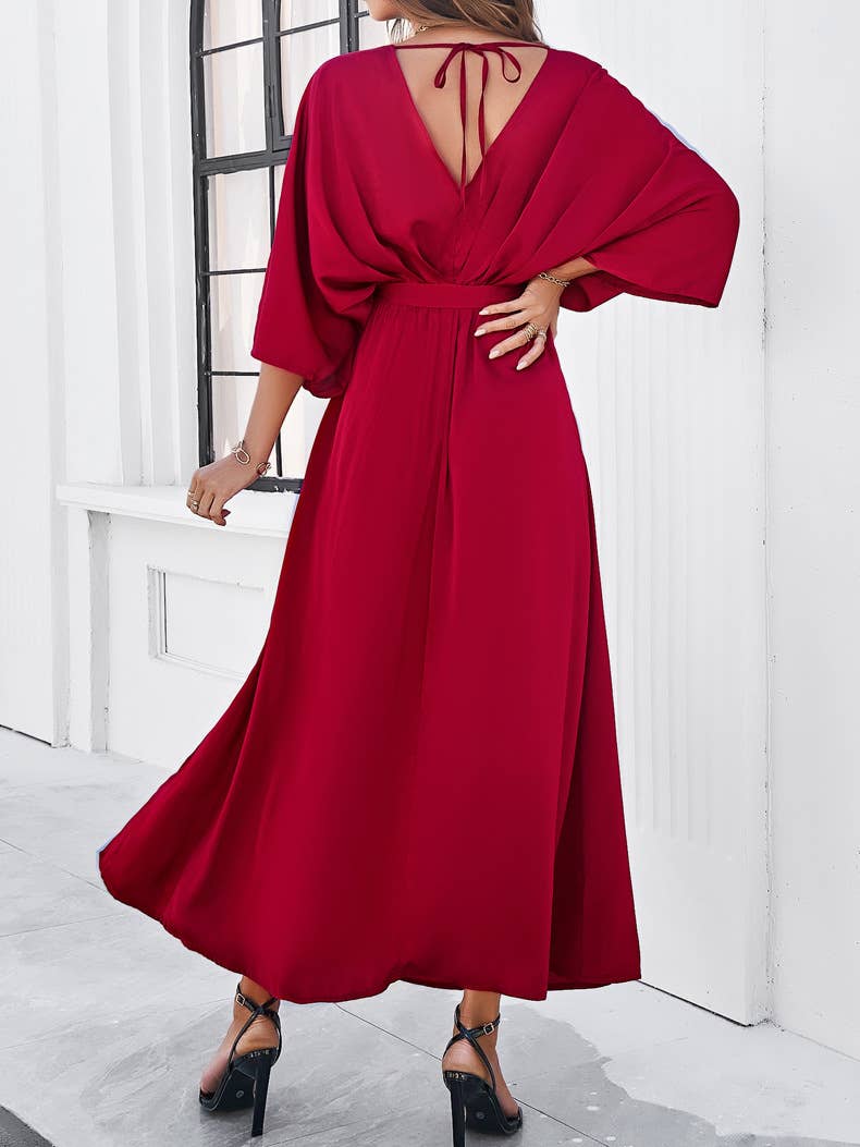 Elegant V-Neck High-Waist Loose Split Maxi Dress