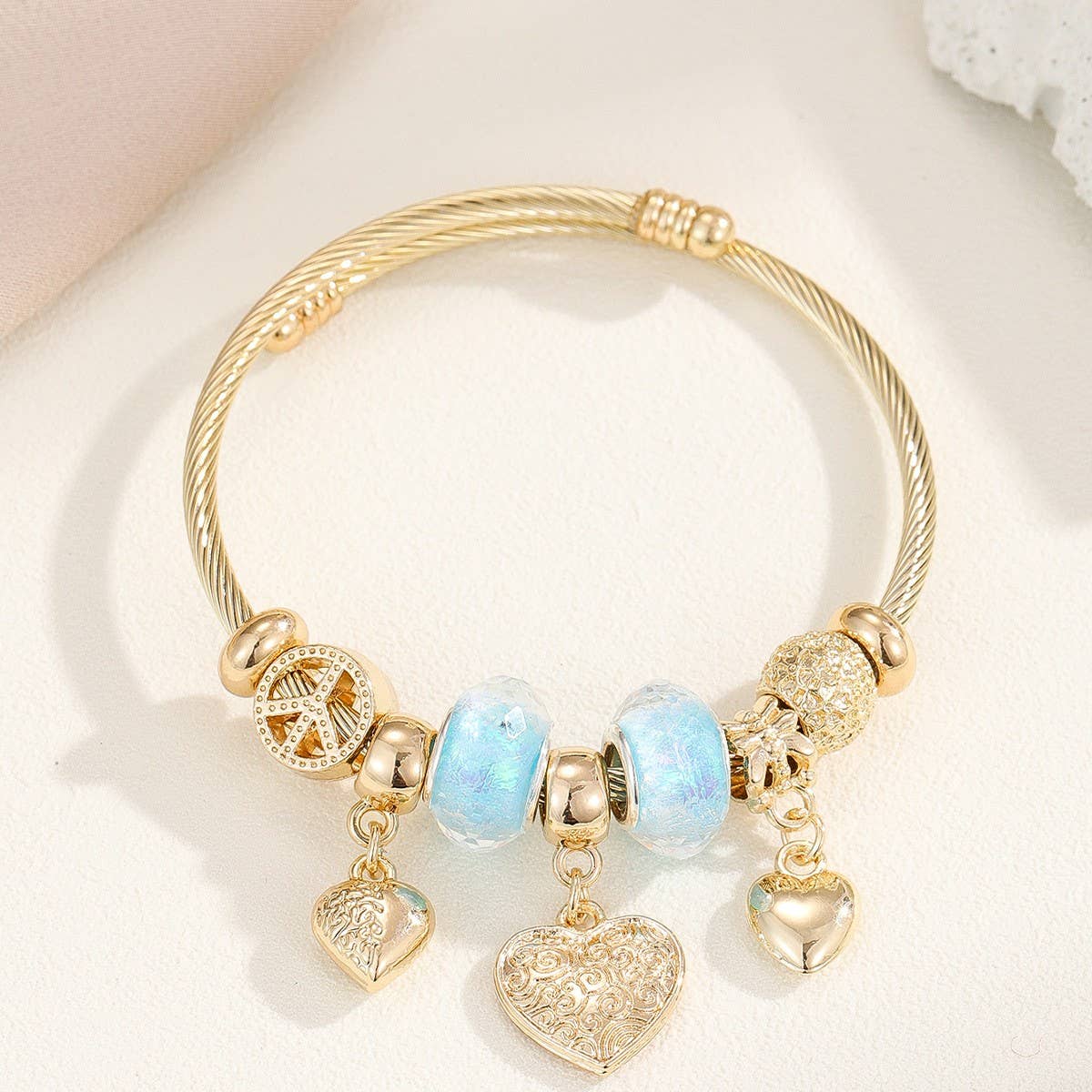 Gold Steel Bracelet with Bear & Heart Charms