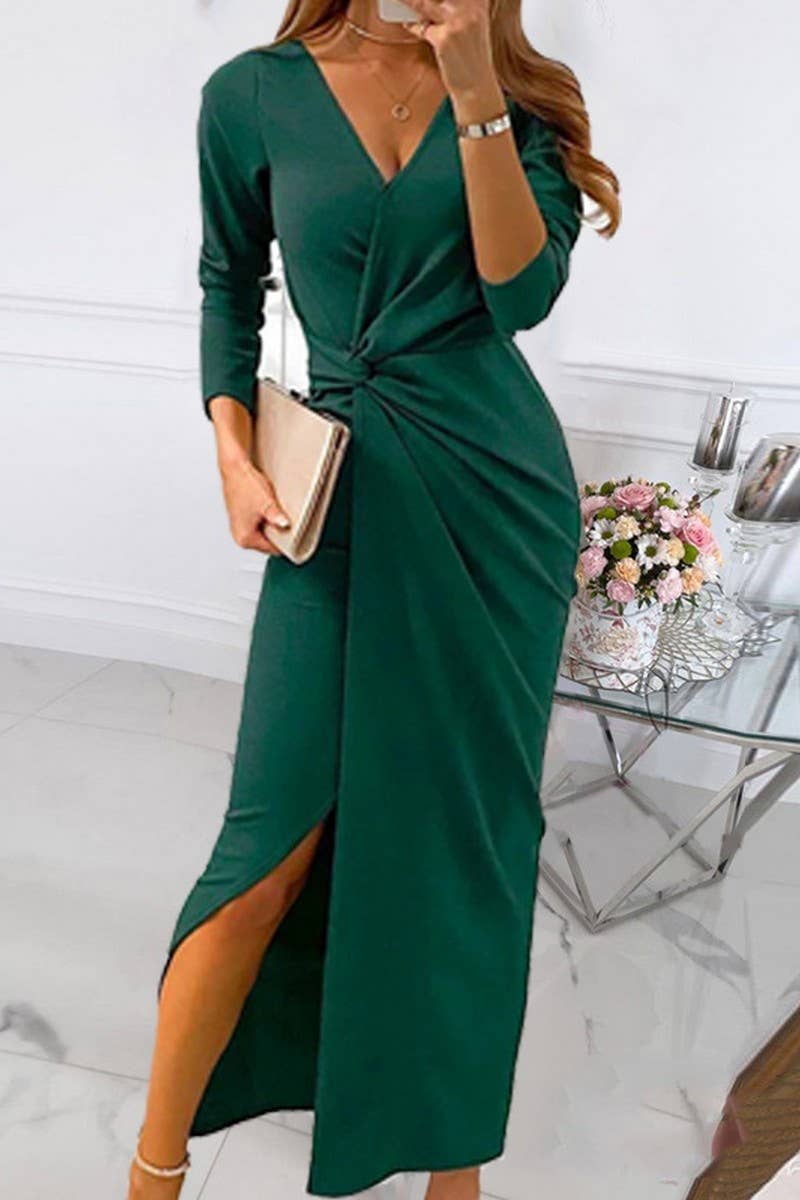 CWDMD4157_SOLID COLOR V-NECK MID-WAIST WRAP DRESS