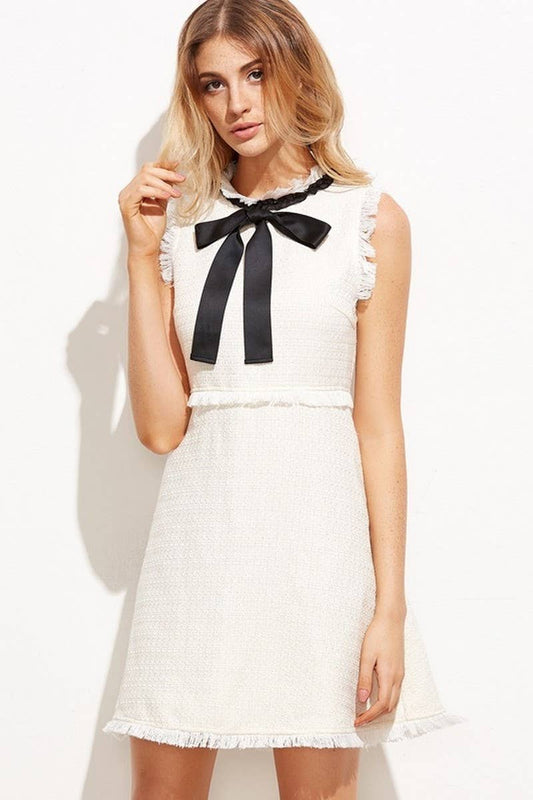 CWDSD6838_ROUND NECK SLEEVELESS TASSEL BOW DRESS