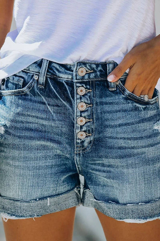 CWJS0308_BUTTON FRONT HIGH WAIST ROLLED HEM DENIM SHORTS