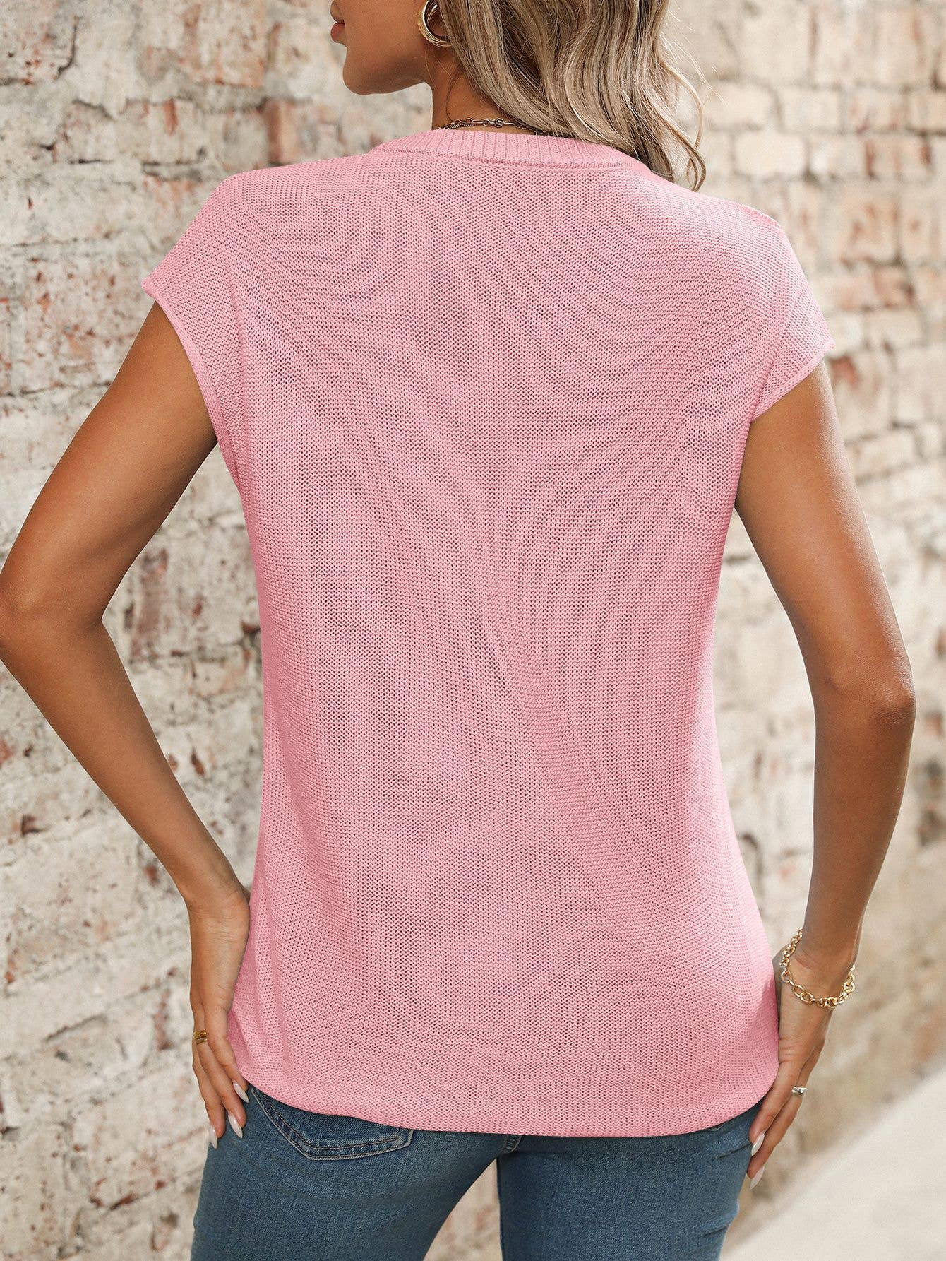 V-neck solid color knitted translucent sweater
