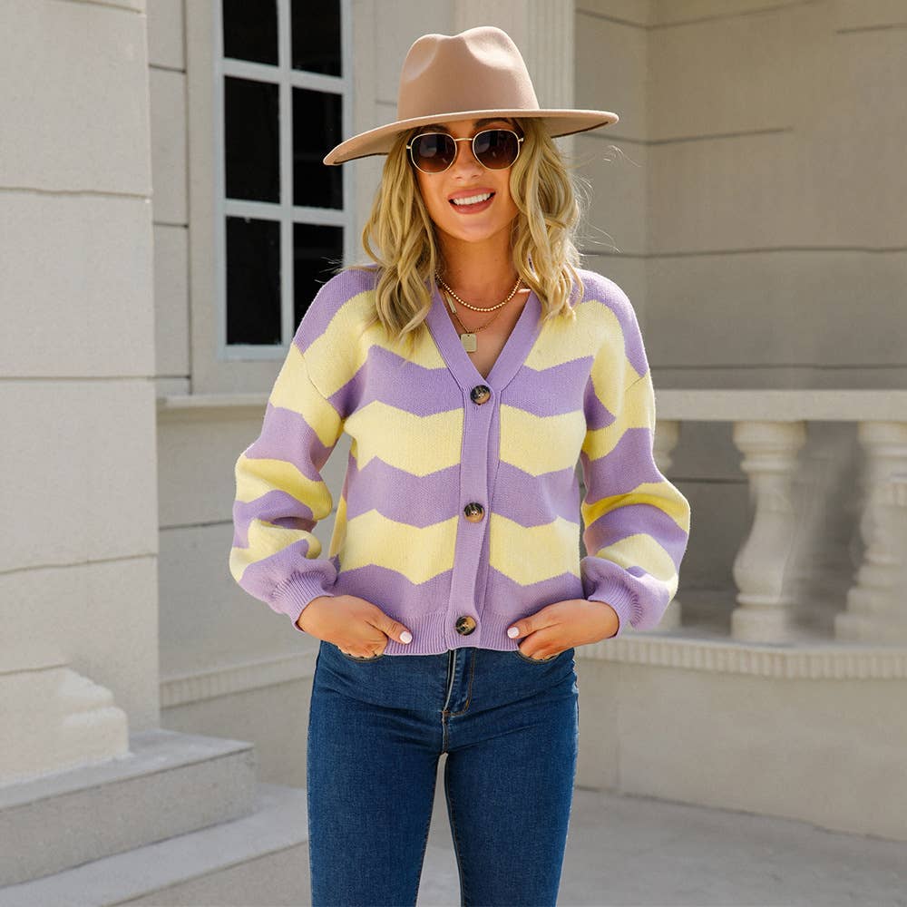 V-neck striped color matching knit cropped cardigan
