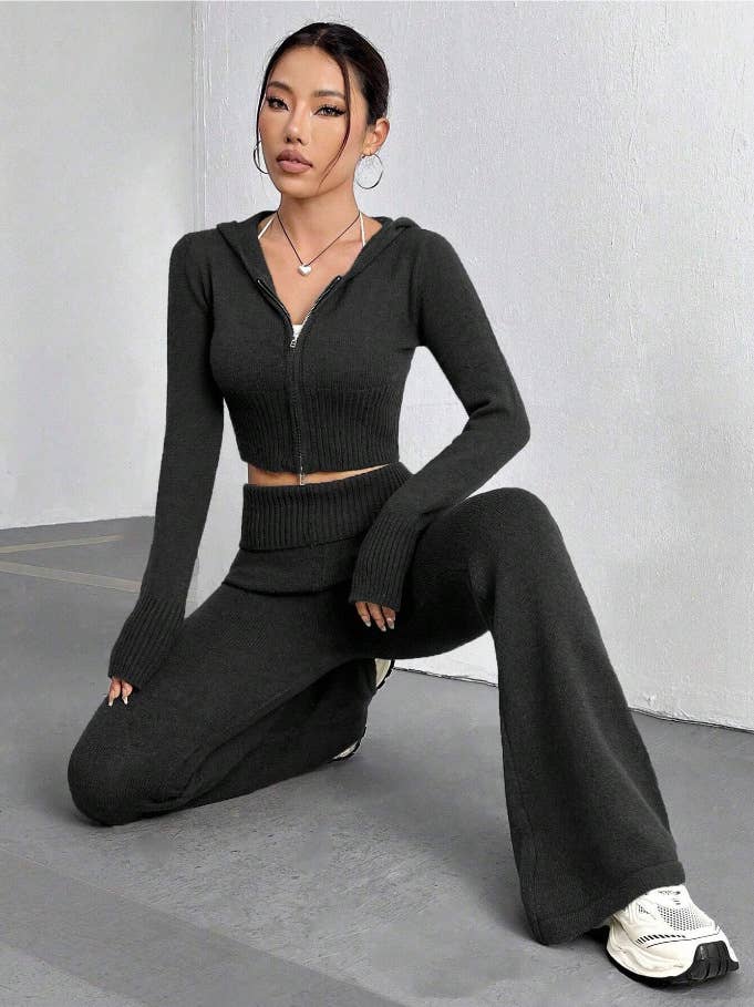 Zipper hooded top,low-waisted flared pants set