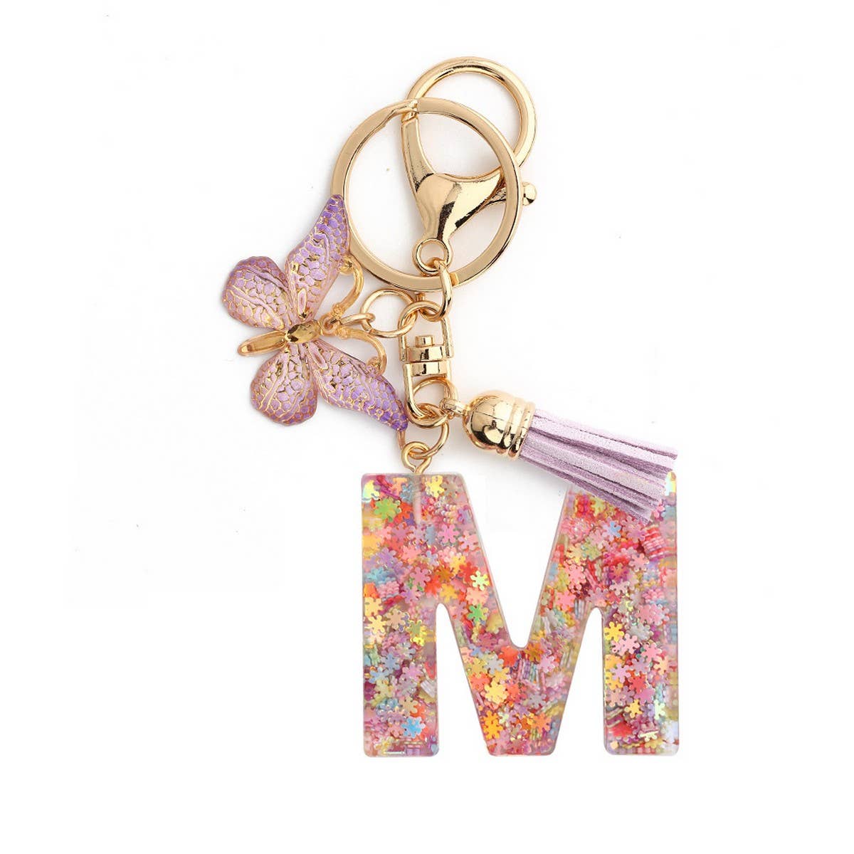 Pink Snowflake Letter Butterfly Keychain_CWMM6865