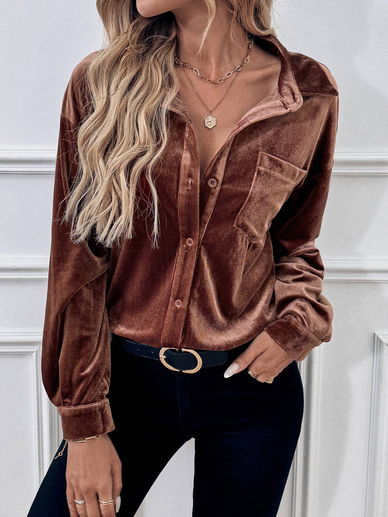LONG SLEEVE LAPEL VELVET SINGLE-BREASTED SHIRT