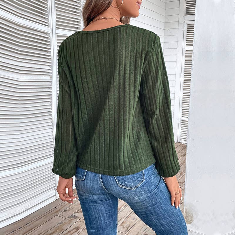 LONG SLEEVE SOLID COLOR SWEATER V-NECK TEXTURE