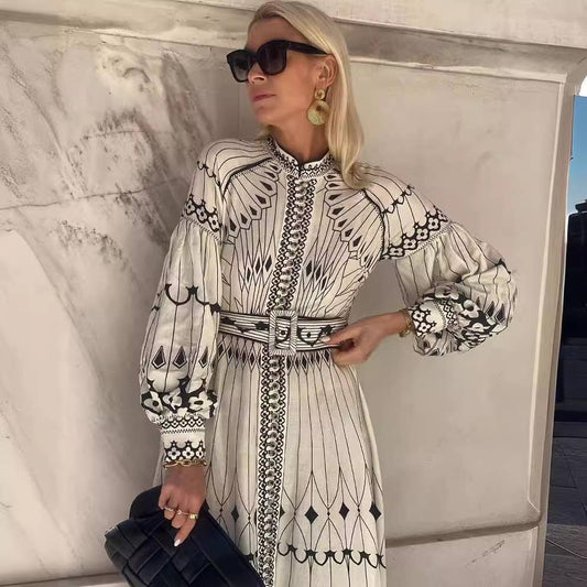 Loose casual retro lantern sleeve and belt dress