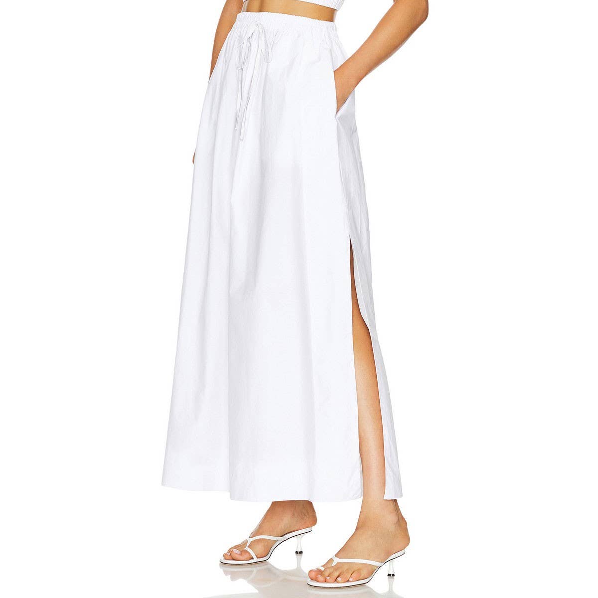 COTTON SKIRT HIGH WAIST SLIT LACE UP LONG SKIRT