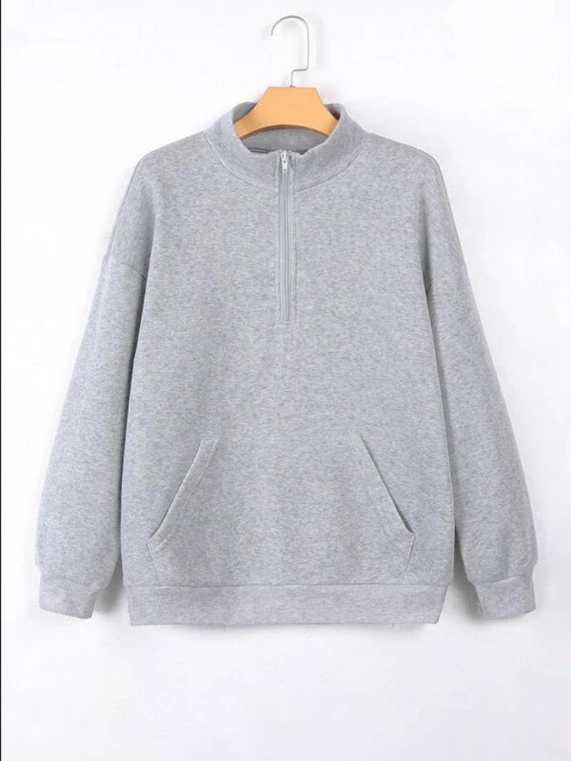 SOLID COLOR HALF ZIP POCKET STAND COLLAR HOODIE