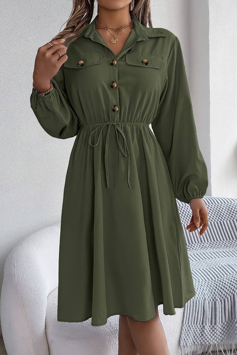 CWDSD5772_LONG-SLEEVED BUTTON-UP DRESS WITH WAIST TUCKED