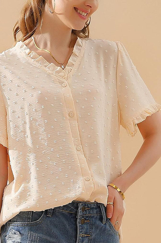 LACE V NECK PRINCESS SLEEVES CHIFFON DOT BLOUSE