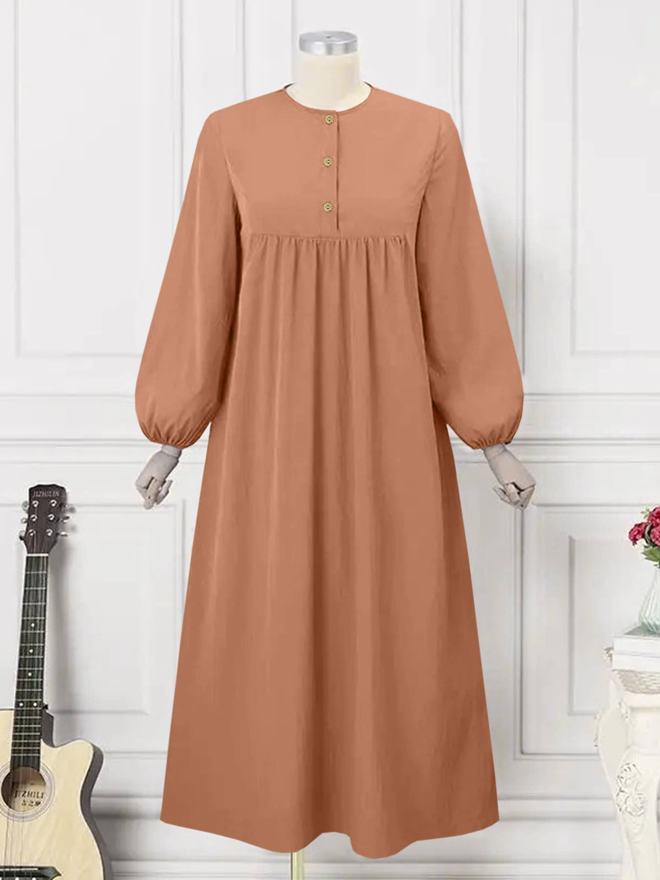 Fashion puffed-sleeve loose solid-color dress