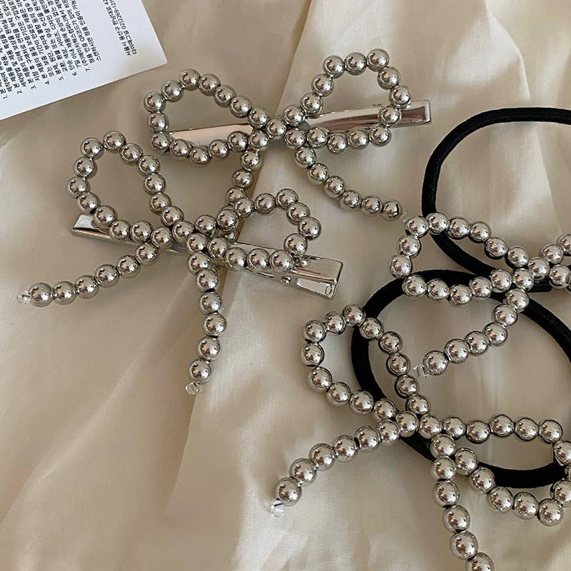 Silver pearl bow hair clip duck beak clip