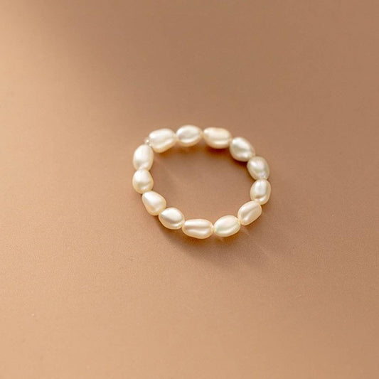 Irregular elastic string beaded pearl tail ring