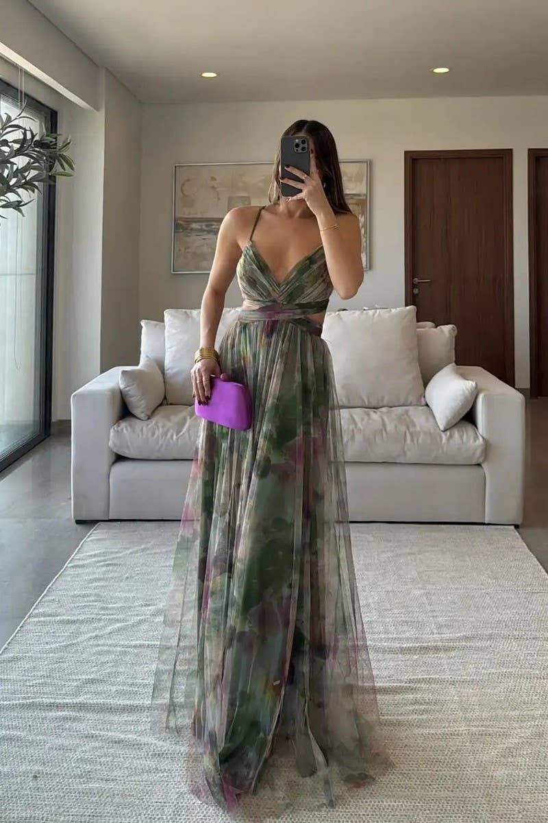 CWDMD01003_MESH PRINTED SUSPENDER CASUAL PARTY DRESS