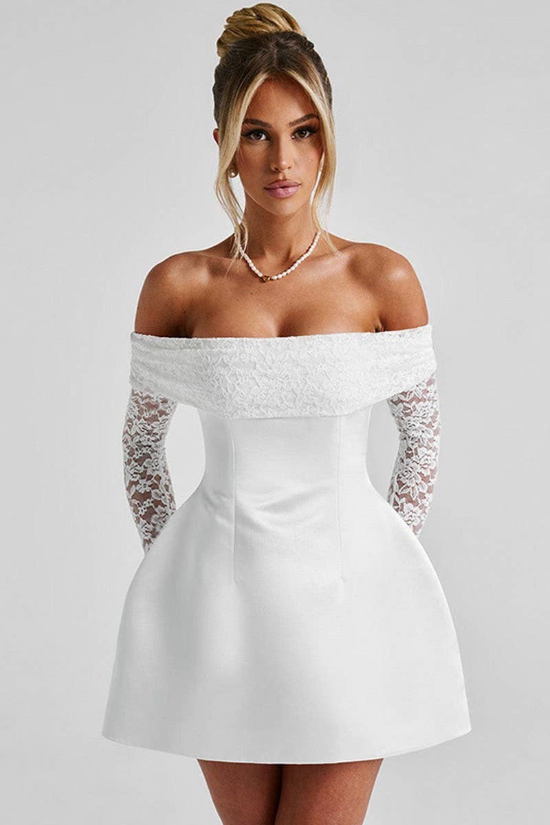 CWDTD0484_OFF SHOULDER LACE PATCHWORK A-LINE DRESS