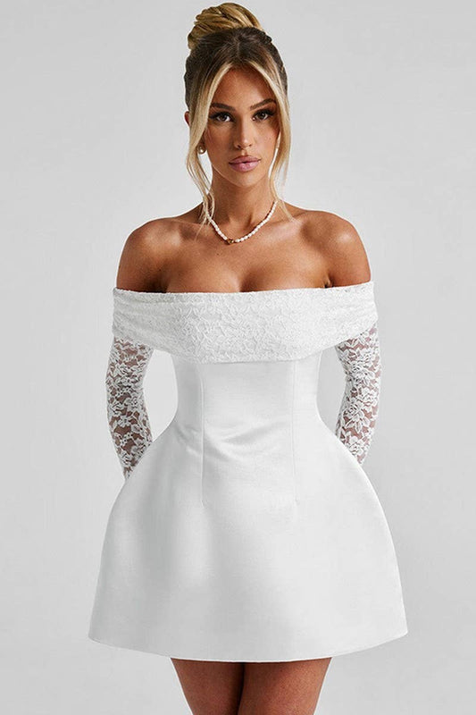 CWDTD0484_OFF SHOULDER LACE PATCHWORK A-LINE DRESS