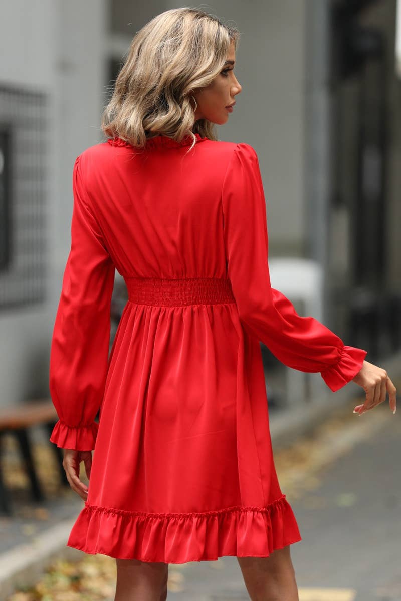 CWDSD6409_RUFFLED DEEP V LONG-SLEEVED HIGH-WAISTED DRESS