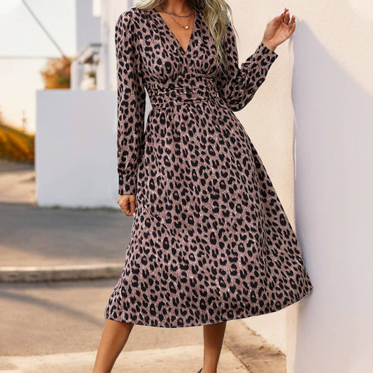 Leopard Print V-Neck Long Sleeve High Waist Dress