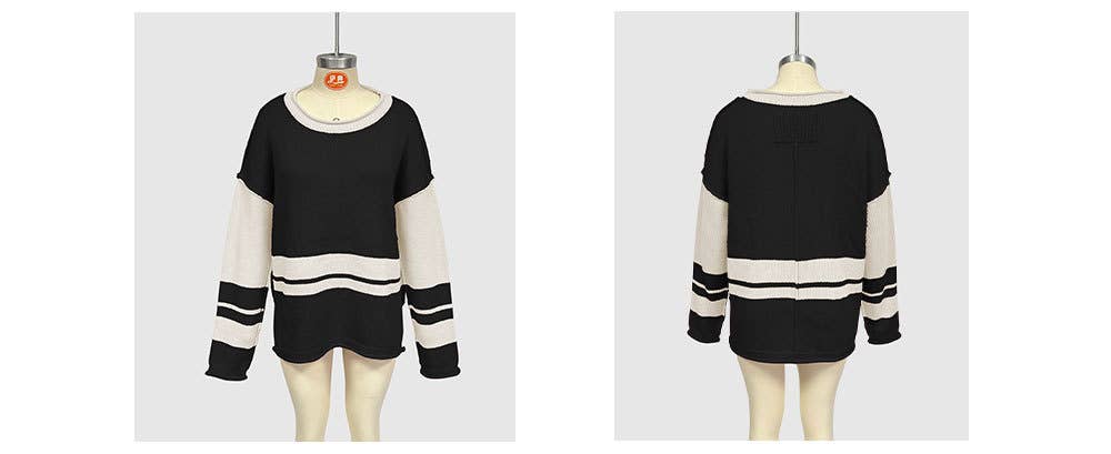 Two-tone round-neck loose and versatile sweater
