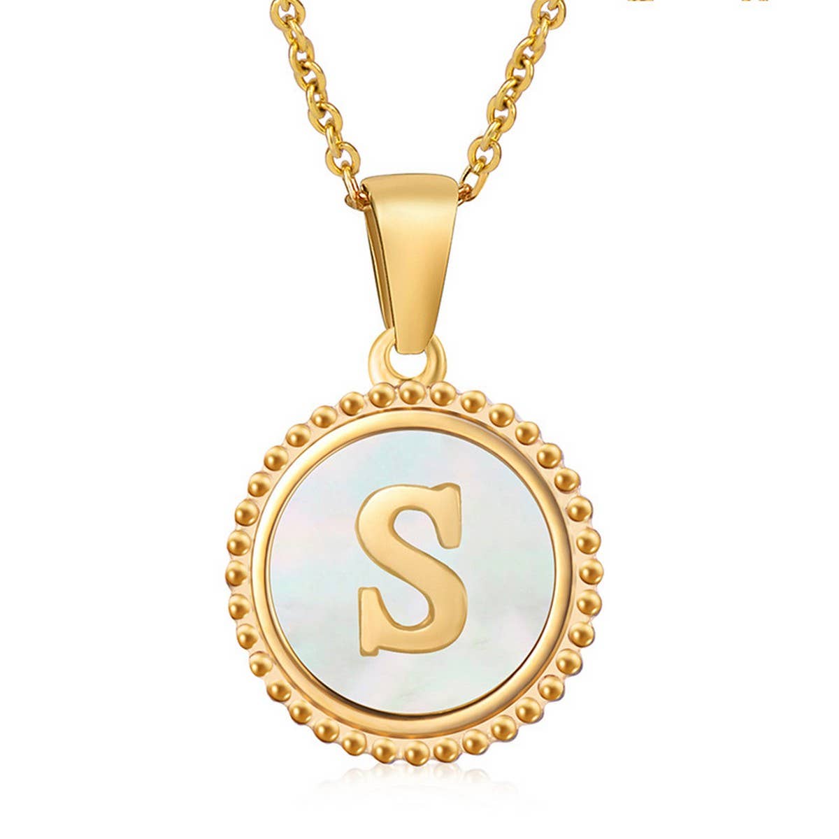 CWAJE1940_Simple Round White Shell Letter Necklace