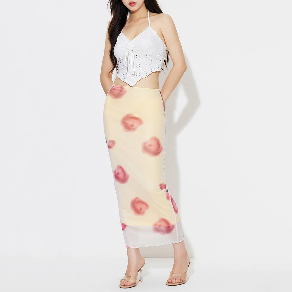 SLIM-FIT PRINT MESH SKIRT WITH HIP WRAP