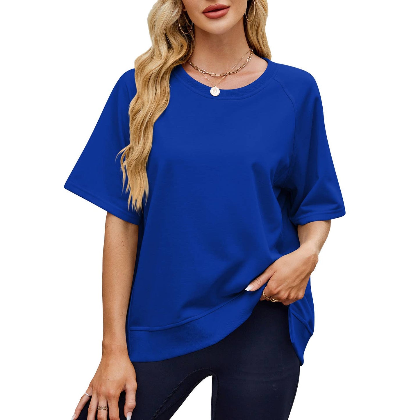 Solid color screw-neck loose short-sleeved hoodie