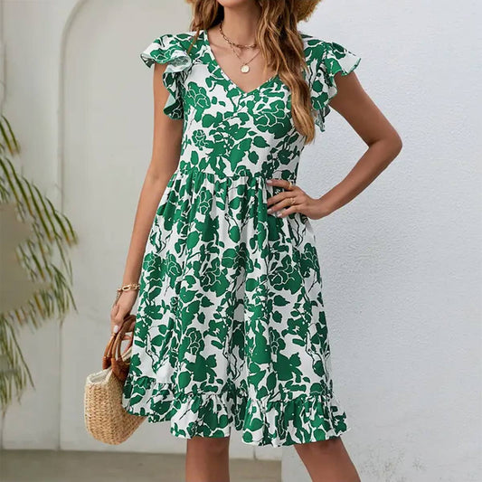 Leaf print dress V-neck casual holiday dress