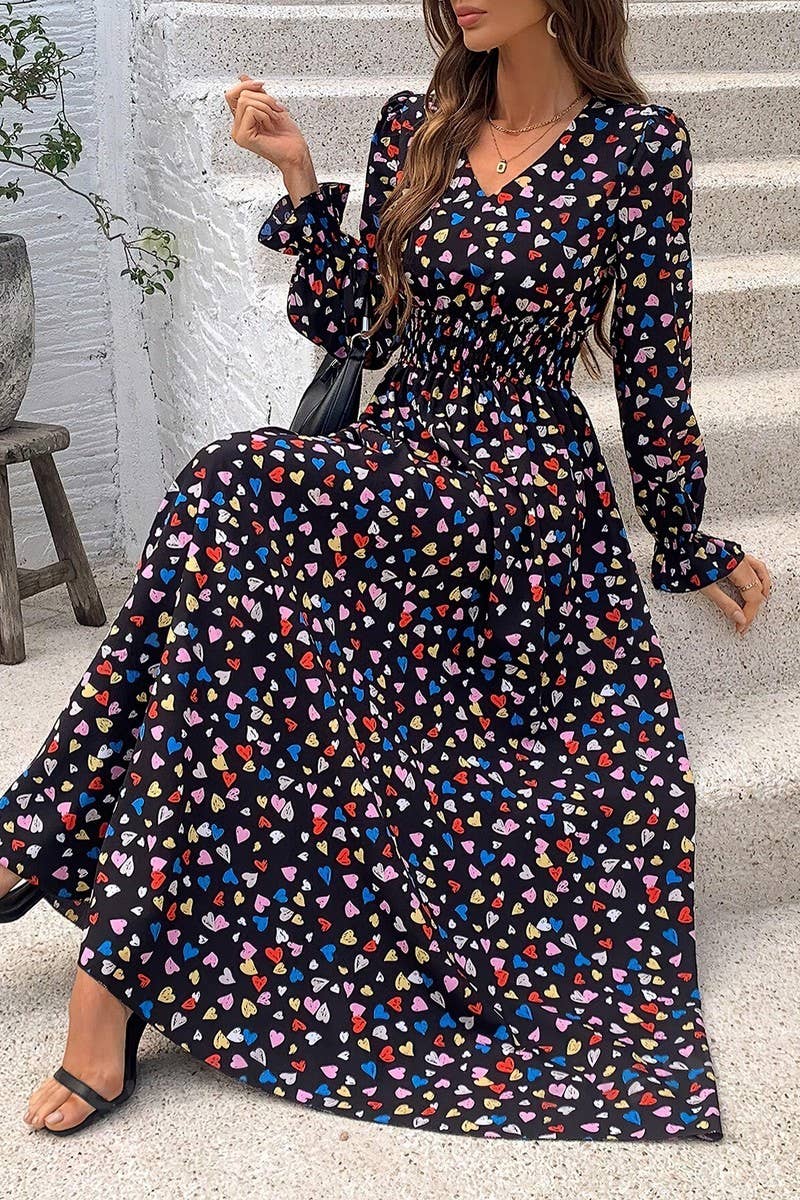 CWDMD4100_PRINTED V-NECK LONG-SLEEVED SWING DRESS