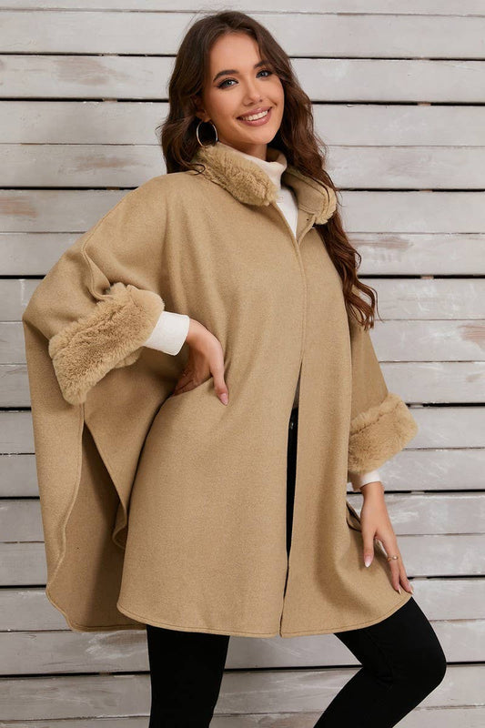 CWOCO0950_SOLID COLOR FUR COLLAR CAPE COAT